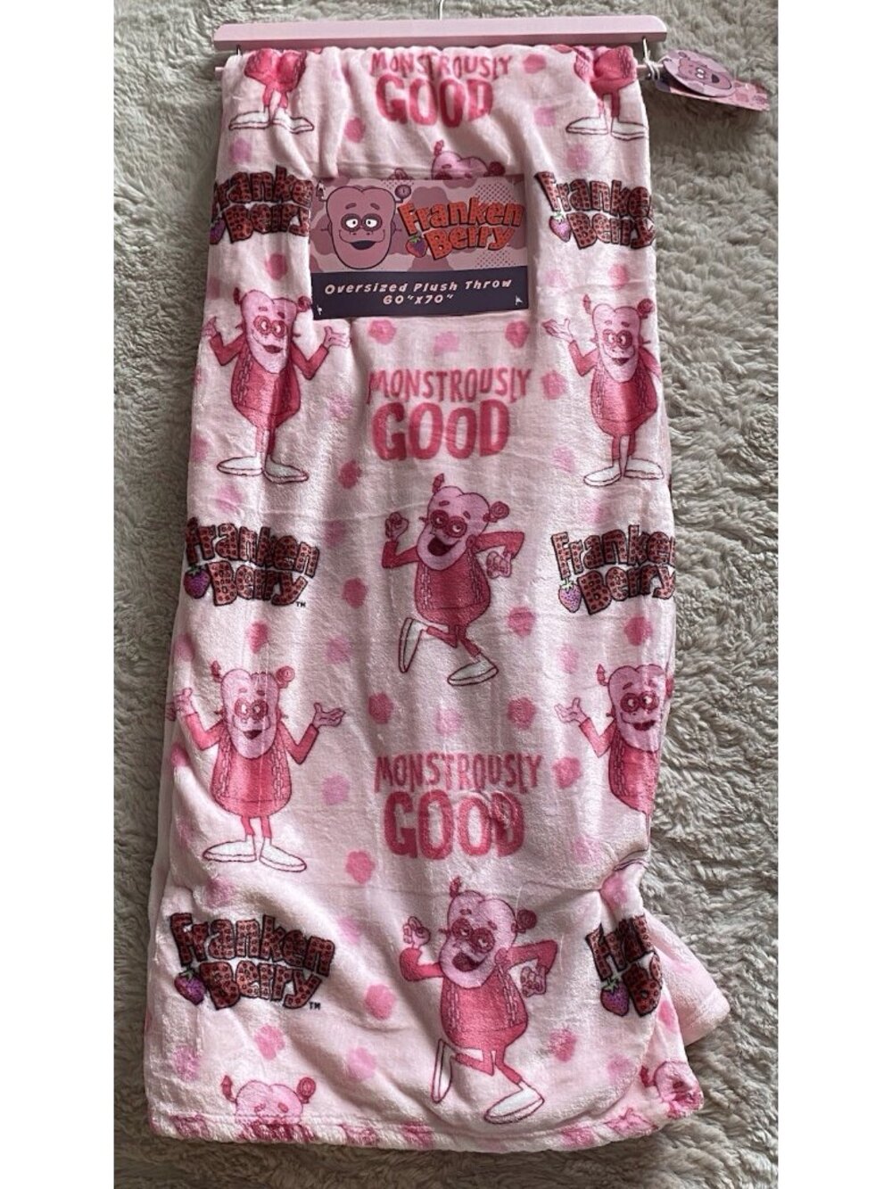 Franken Berry Monstrously Good Pink Oversized Plush Throw Blanket 60” X 70”
